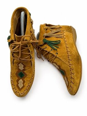 Vintage L.J. Simone Suede Fringe Ankle Boots 7B Western Boho Moccasin